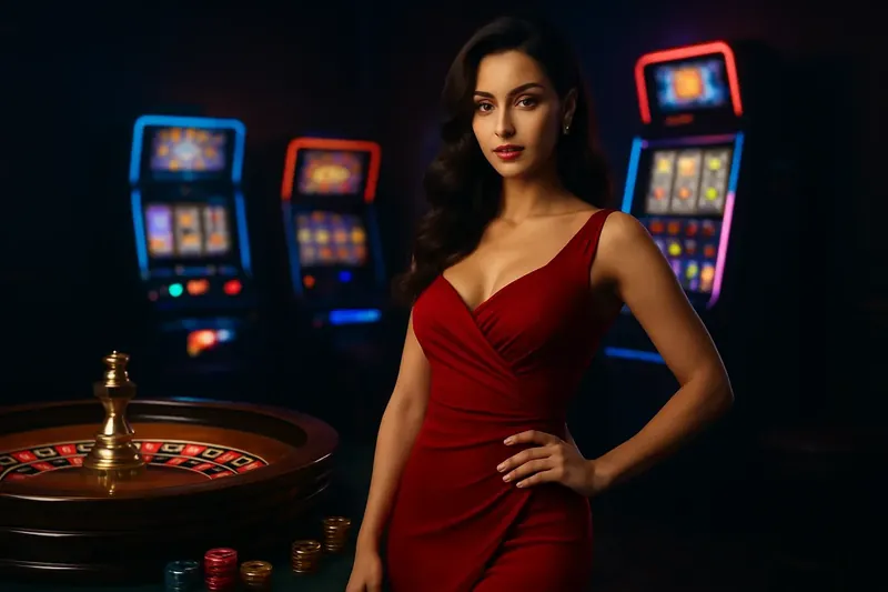 Beautiful woman in red dress standing near roulette and slot machines in luxury Bangladesh casino with neon accents