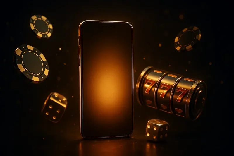 Glowing smartphone surrounded by casino chips, slot reels, and dice on a dark gold-accented background
